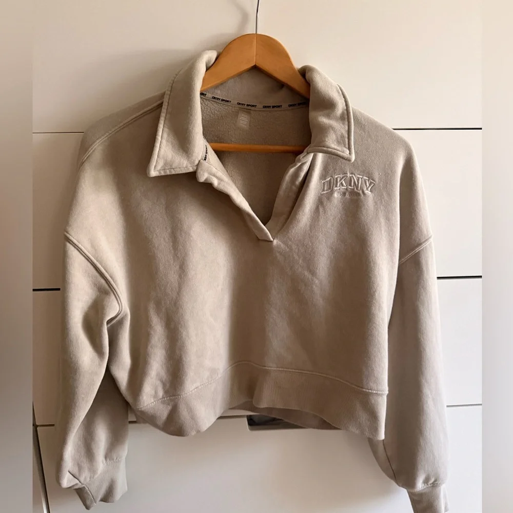 DKNY Cream Cropped Collar Pullover Sport Sweatshirt - Picture 2 of 5